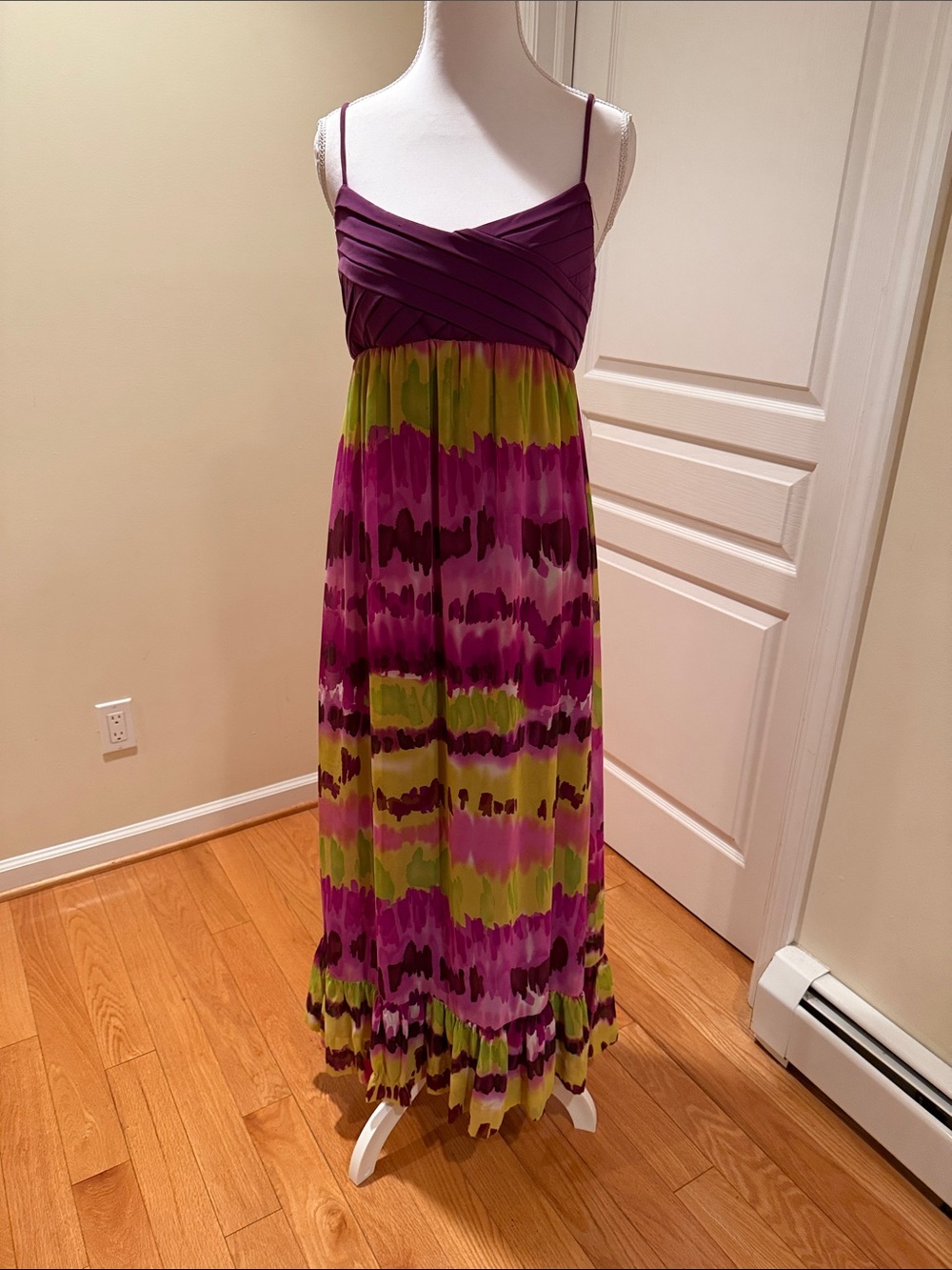 Wishes Wishes Wishes Purple Green Spaghetti-Strap Maxi Dress Flowing ruffles